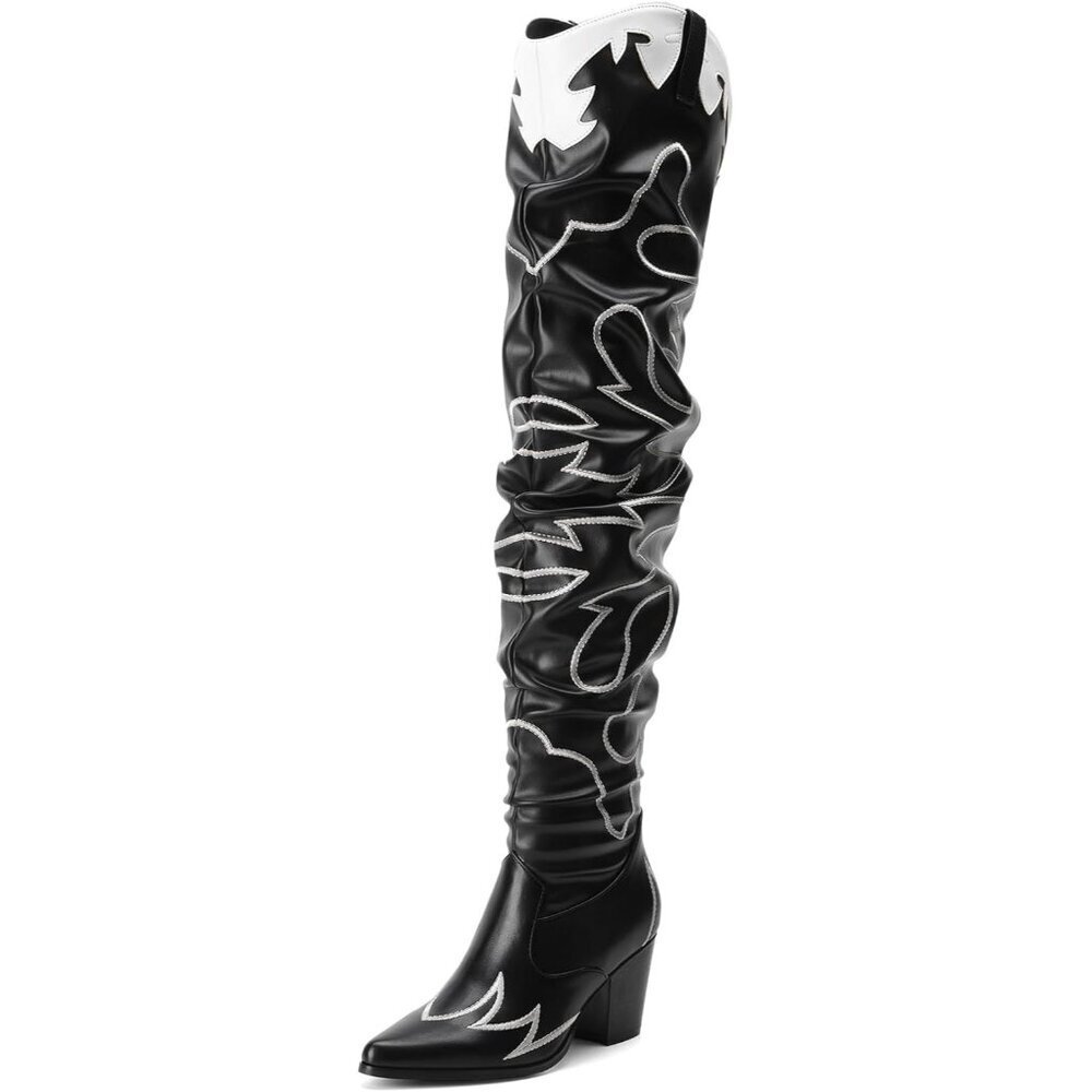 Women Black Faux Suede Cowboy Boots Over The Knee Thigh High Western Boots - Picture 2 of 7